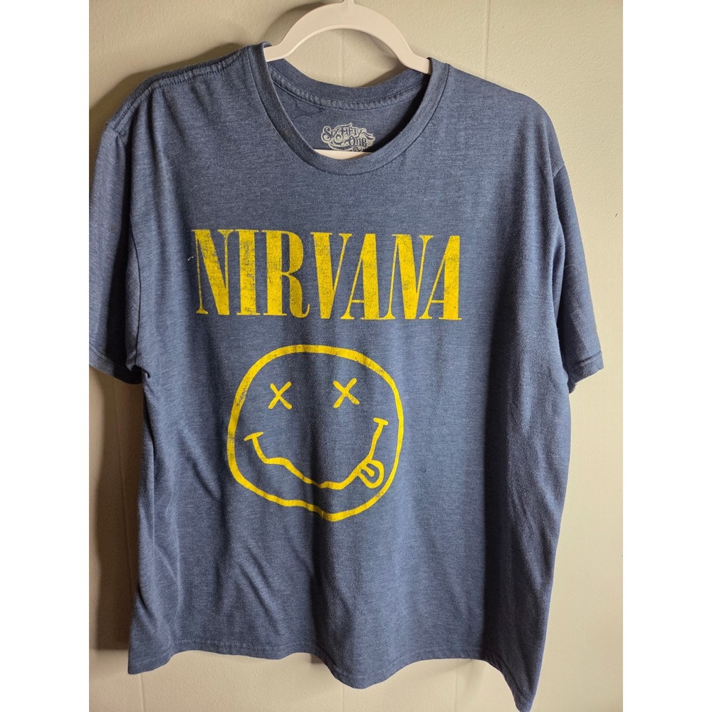 Nirvana Smiley Face Graphic T-Shirt Mens XL Heather Blue Sixty One Band Tee